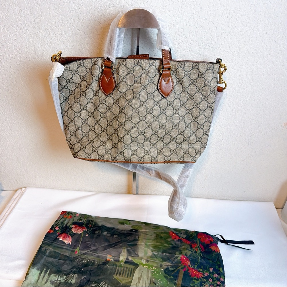 Gucci Beige GG Monogram Tote with Brown Leather Accents